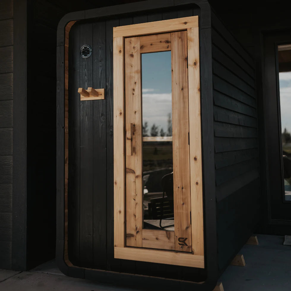 Sweat Pod Blackout Edition interior with red cedar and dual benches