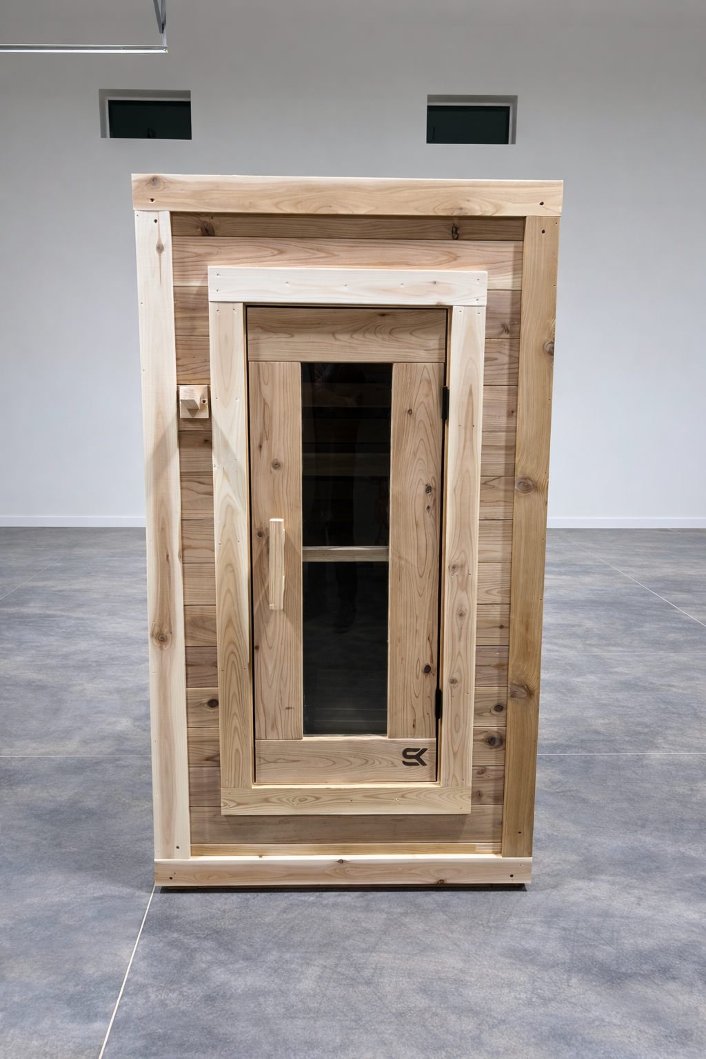 Sweat Box tempered glass door and WiFi heater detail