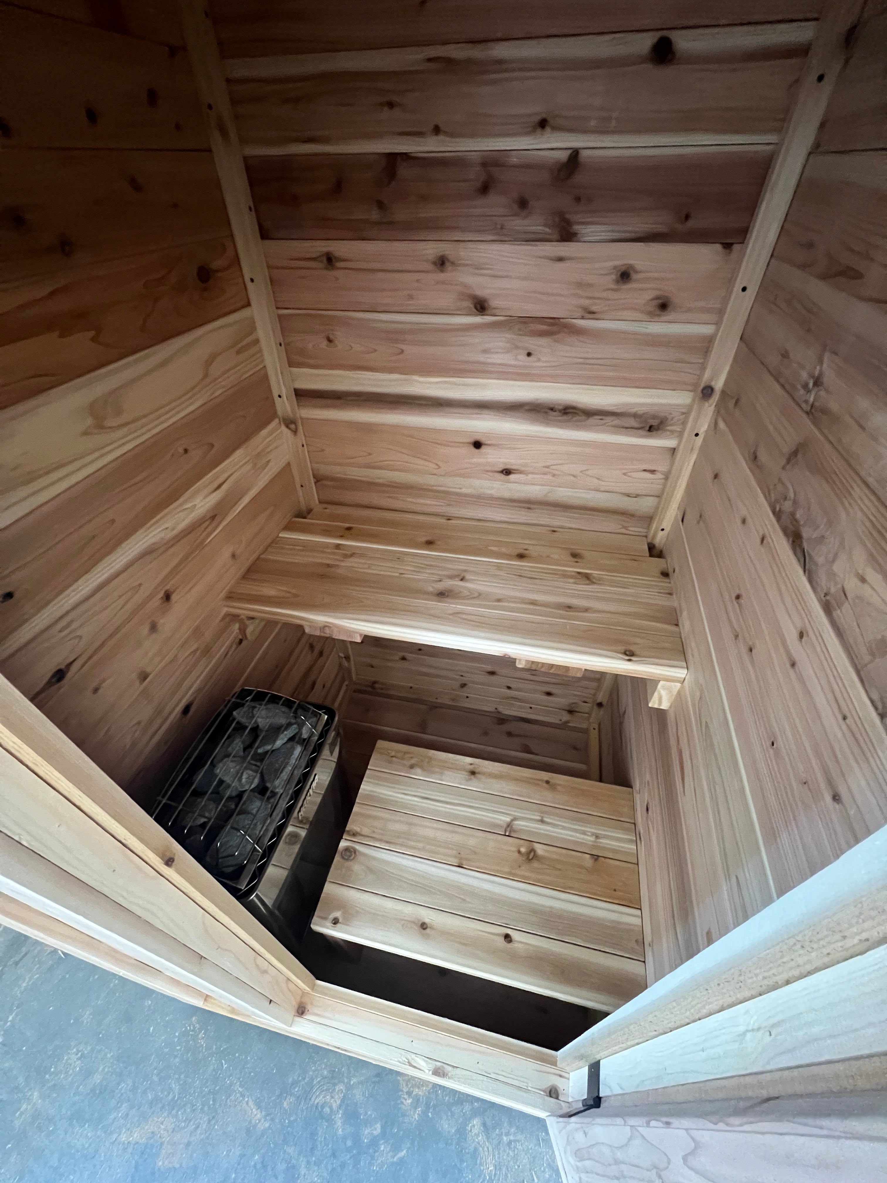 Sweat Box single-person sauna exterior in red cedar